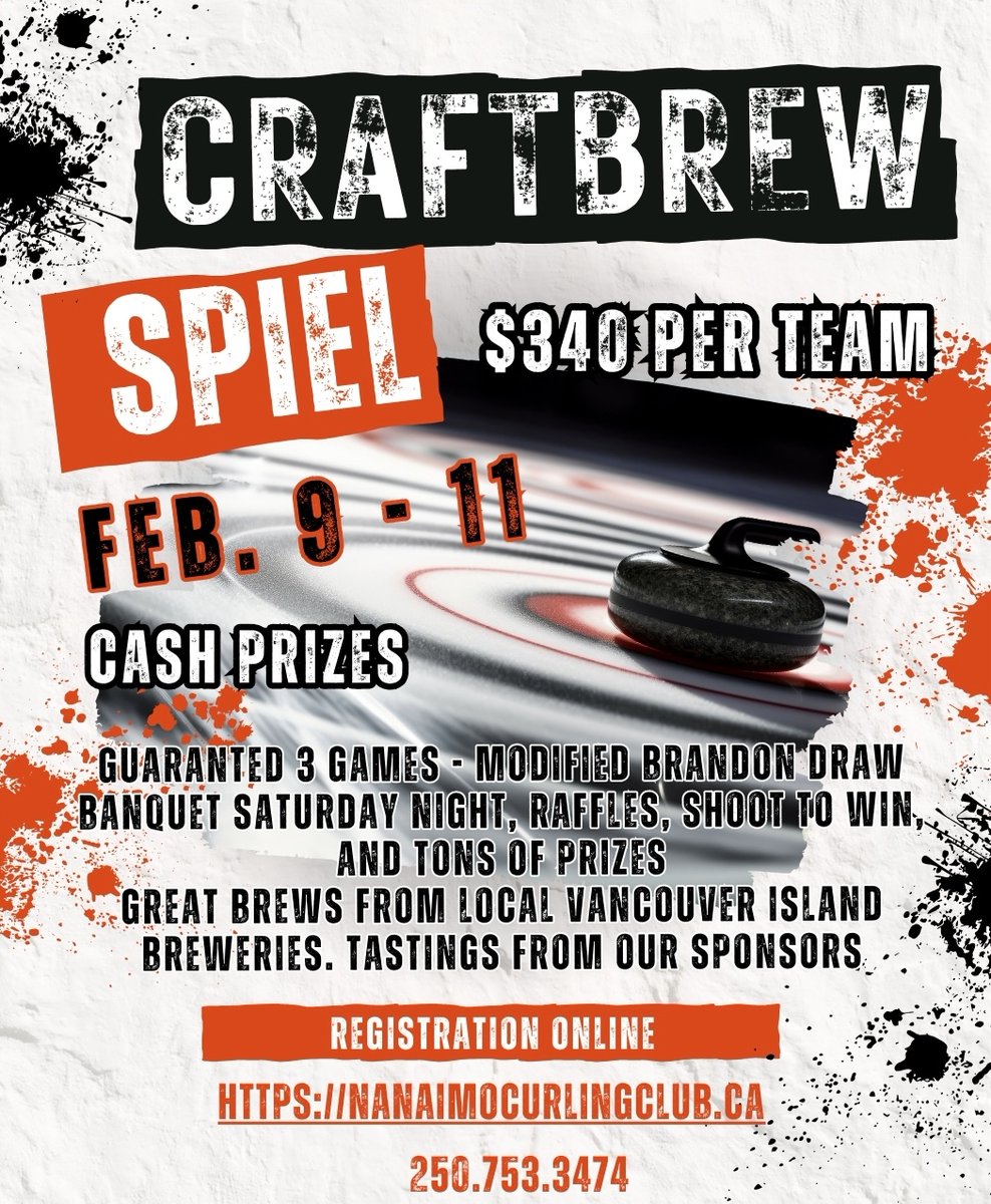 Nanaimo CC - Craft Brew Spiel.  $340 per team. Cash Prizes!  Guarantee 3 games - Modified Brandon Draw.
Banquet Saturday night, raffles, shoot to win, and tons of prizes.  Great brews from local Vancouver Island Breweries.  Registration online: nanaimocurlingclub.ca/index.php/even…