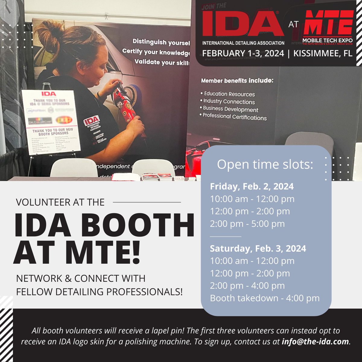 Will you be at MTE? Volunteer w/ us at the IDA Booth! Take advantage of this opportunity to network w/ fellow detailing professionals &amp; share your enthusiasm about the IDA w/ the entire detailing community. We need 2-4 volunteers per time slot. Open to all IDA members. #IDAatMTE
