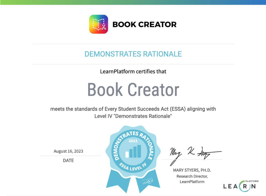 BookCreatorApp's tweet photo. We are so pleased to be able to say that Book Creator has been independently validated by @LearnPlatformUS as meeting the Every Student Succeeds Act (ESSA) Level IV 😀

Learn more about what the act is and how Book Creator meets standards at https://t.co/X1TzlsvCRa #edtech https://t.co/heQYbxAYDN