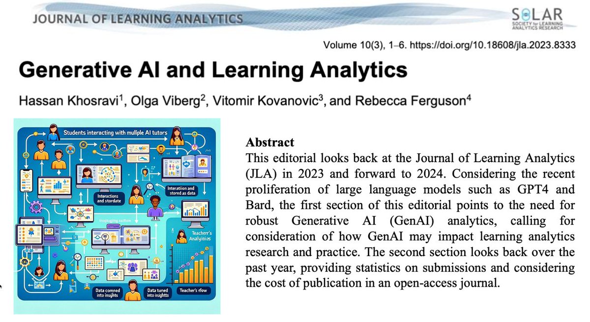 Hassan Khosravi (@haskhosravi) on Twitter photo 📢 Exciting news from <a href="/jla_editorial/">Learning Analytics</a>! As editors, we've published an *open-access* editorial that outlines key research opportunities related to GenAI and learning analytics. The editorial is available at learning-analytics.info/index.php/JLA/…
We love to hear your thoughts and insights! 📢 Exciting news from <a href="/jla_editorial/">Learning Analytics</a>! As editors, we've published an *open-access* editorial that outlines key research opportunities related to GenAI and learning analytics. The editorial is available at learning-analytics.info/index.php/JLA/…
We love to hear your thoughts and insights!