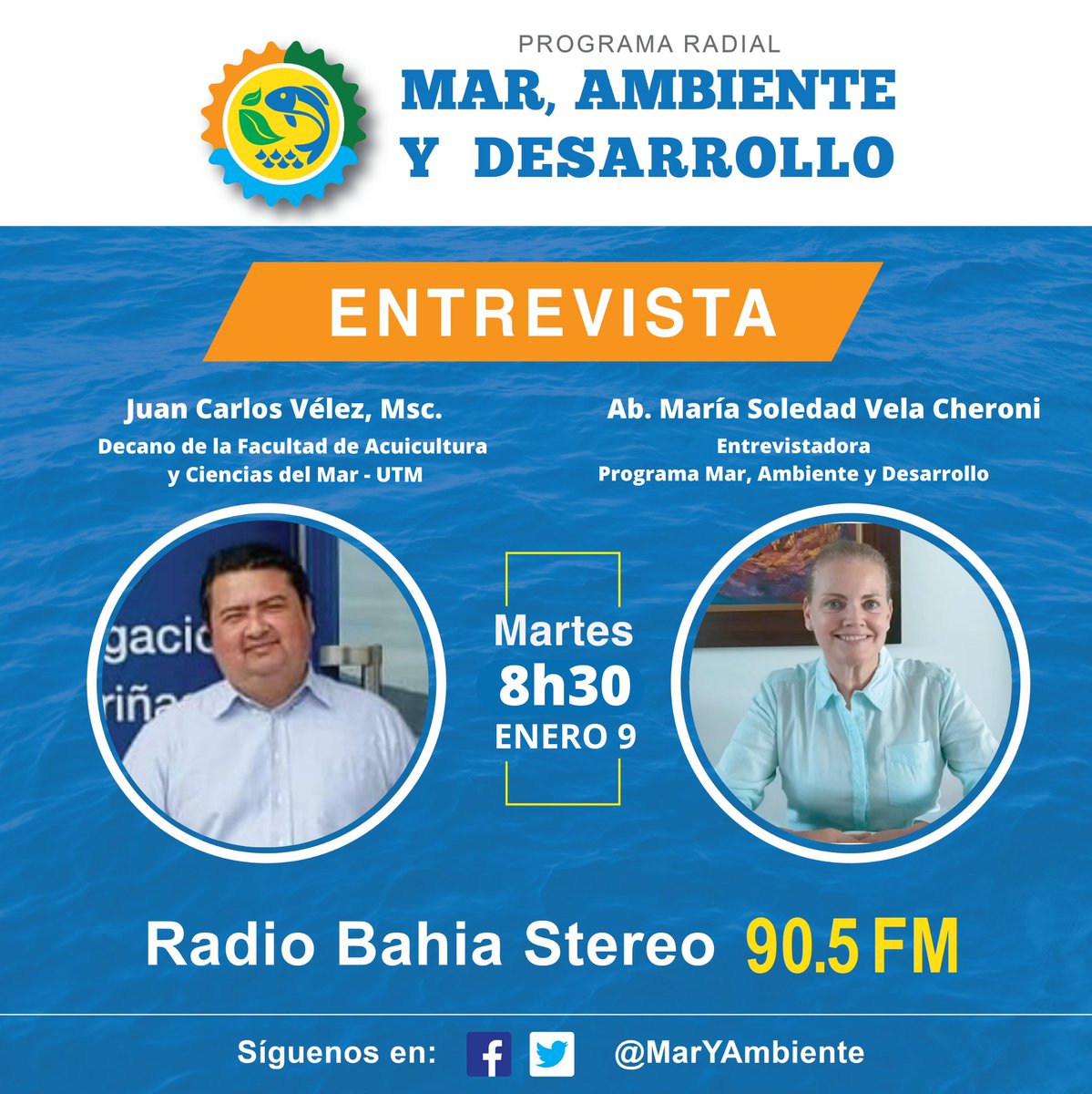 MarYAmbiente's tweet photo. #Entrevista | Mañana en Mar, Ambiente y Desarrollo conversamos con Juan Carlos Vélez, Decano de la Facultad de Acuicultura y Ciencias del Mar de la @UTMManabi.

Escúchanos por Radio Bahía Stereo 90.5 FM o por Facebook LIVE. https://t.co/Iaj5YZSiAs