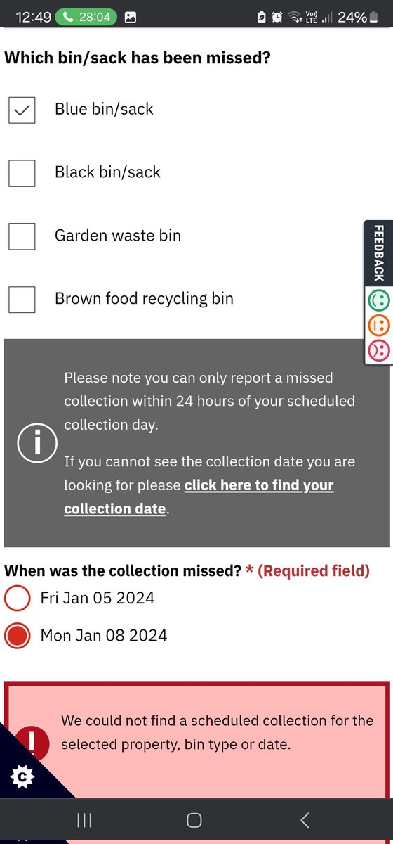 EzzaCr's tweet photo. @EnfieldCouncil @Nesil_Caliskan Following Xmas, some bin collections were pushed back. No issue. My black bin was collected one day later than usual. My blue bin should have been collected on Friday and still has not been collected. I am also unable to report. Please sort ASAP. https://t.co/lkxyE7rvYJ