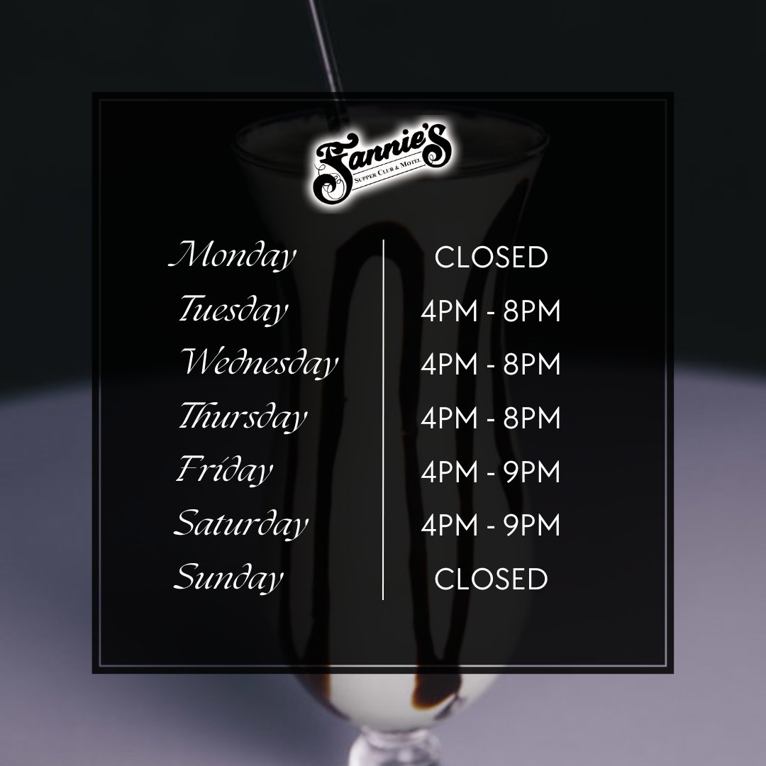 FanniesSuppClub's tweet photo. Plan your week right! We're here from 4pm-8pm Tue-Thur, and 4pm-9pm Fri-Sat for all your fun needs. (Taking a break on Sun/Mon.) #EveningPlans #WeekdayToWeekend #FunNights https://t.co/ABEY2RoMQl