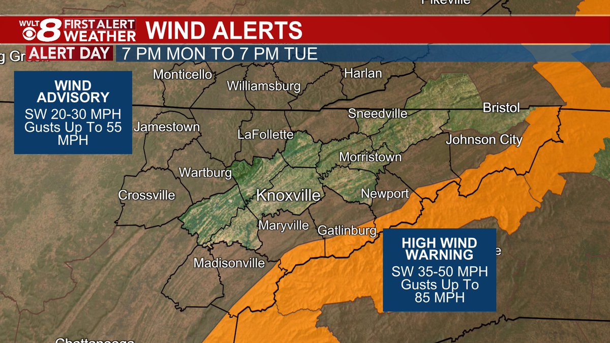 JacobDurhamWX's tweet image. Heavy rain impacts our morning commute, but strong winds arrive for the afternoon and evening. Within the Wind Advisory gust could approach 55 mph, while the High Wind warning could see gust to 85 mph. We're timing out the latest on WVLT News from 4-6:30 p.m. #wvltfirstalert