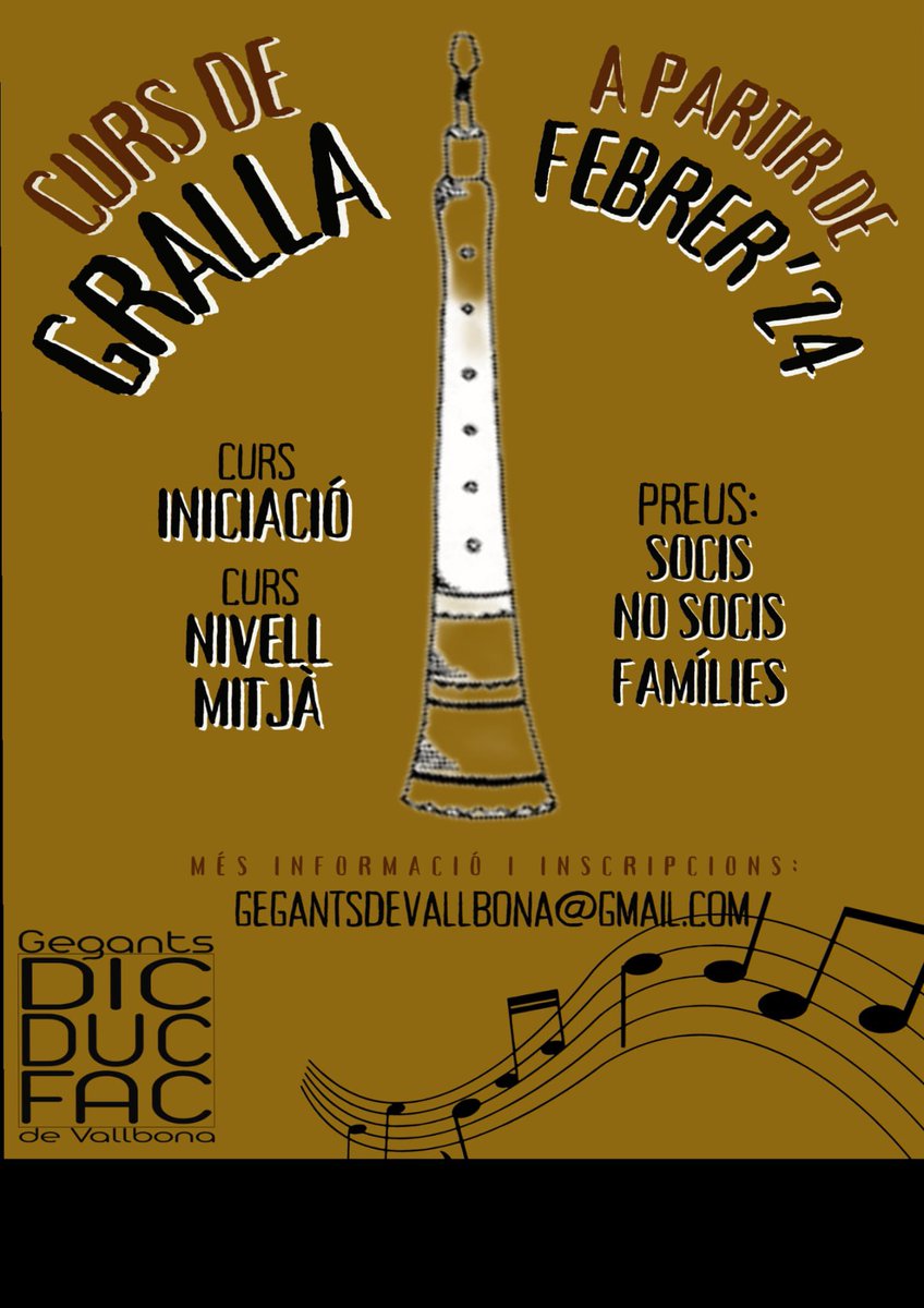 Gegants DIC DUC FAC (@gdicducfac) on Twitter photo 馃敎 A @gegantsdicducfac comencem l鈥檃ny amb un curs de #Gralla
鈻笍Curs d鈥檌niciaci贸
鈻笍Curs mitj脿
脡s obert a tothom!
Els preus seran de Soci, No Soci i Familiar.
Si hi est脿s interessat/da escriu a gegantsdevallbona@gmail.com.
Inici a partir de Febrer
#gegantsdevallbona 馃敎 A @gegantsdicducfac comencem l鈥檃ny amb un curs de #Gralla
鈻笍Curs d鈥檌niciaci贸
鈻笍Curs mitj脿
脡s obert a tothom!
Els preus seran de Soci, No Soci i Familiar.
Si hi est脿s interessat/da escriu a gegantsdevallbona@gmail.com.
Inici a partir de Febrer
#gegantsdevallbona