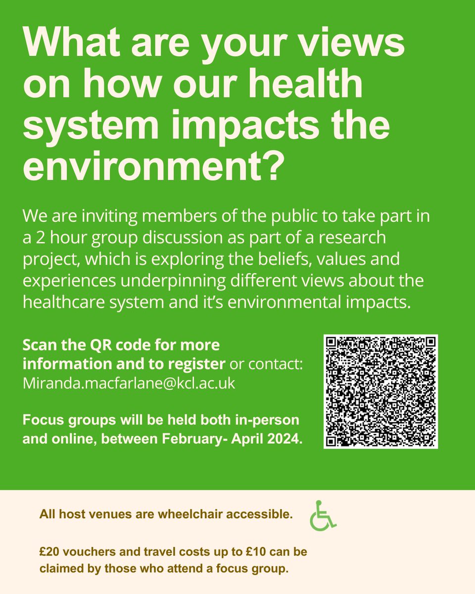 We're running focus groups to explore what and how people think about the environmental impact of healthcare! Anyone 18+ can take part in #London, #Leeds #Norwich #Cardiff #Swansea #Glasgow & #Edinburgh or online & receive a £20 voucher. Scan the QR for more info👇Please share 🗣️