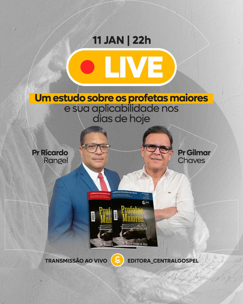 Descubra um estudo profundo sobre os profetas maiores e a mensagem atemporal aplicada nos dias de hoje.

📅 Data: 11 de Janeiro
🕙 Horário: 22h

Não perca! 🎥

#lançamento
#estudobíblico