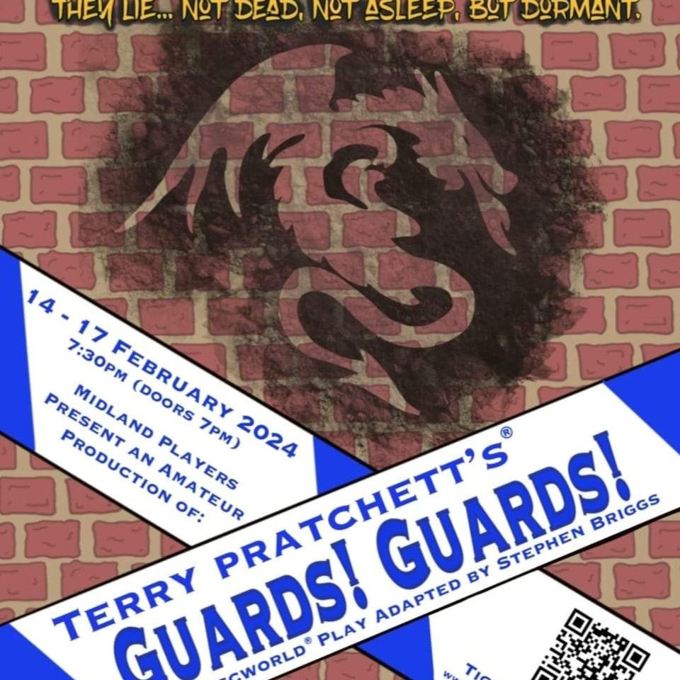MidlandPlayers's tweet photo. Our next show: Guards! Guards! Based on the Discworld book by Terry Pratchett and adapted for the stage by Stephen Briggs. At the Sheffield Drama Studio 14th - 17th February 2024. https://t.co/wyjtFnTNQI