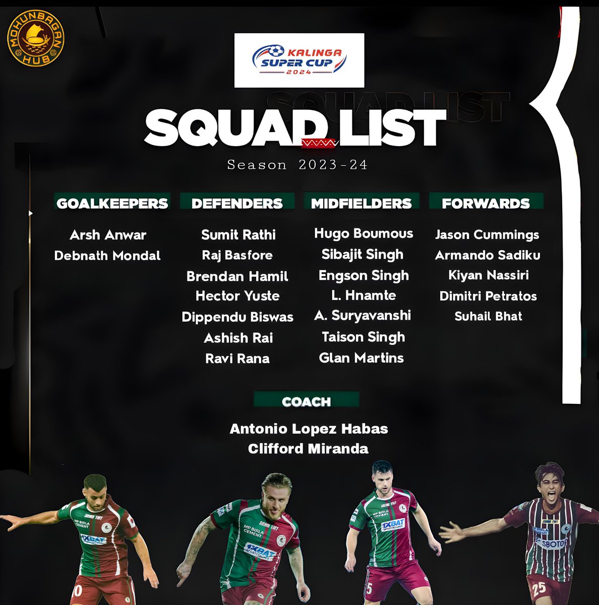 MohunBaganHub's tweet photo. The squad list of Mohun Bagan SG for the upcoming Kalinga Super Cup is here 🔥💪

How far can we go into the Super Cup with this squad? 🤔 https://t.co/1Oj44TzayG