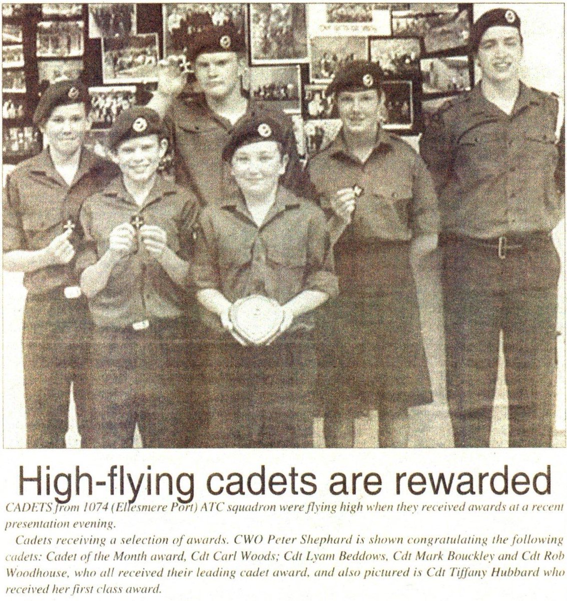 For our second post looking at the past achievements of our Cadets, we have an article from the Ellesmere Port Standard published on 9 January 2003, detailing the Cadets receiving several awards, ranging from their first class &amp; leading cadet badges to the Cadet of the Month.