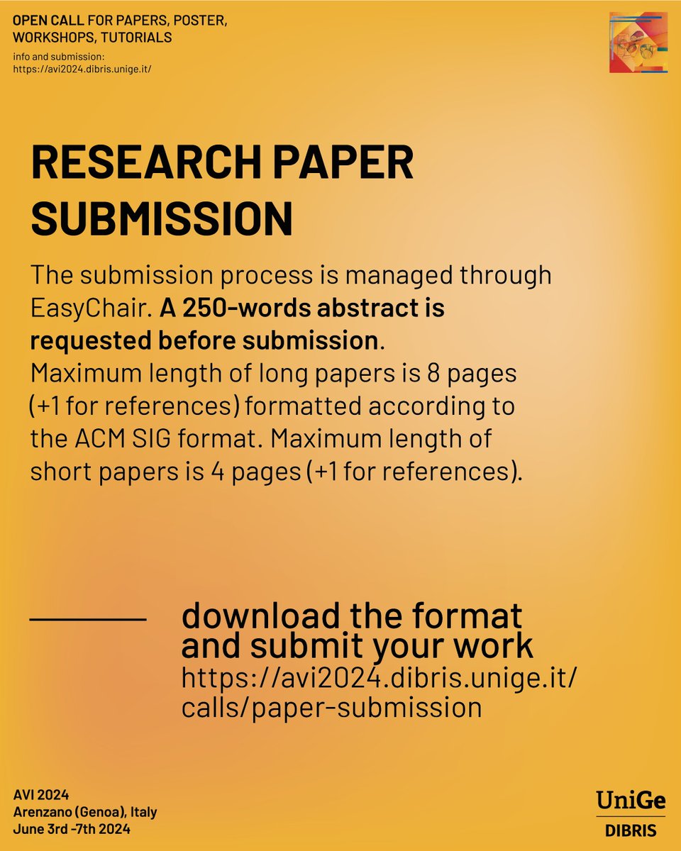 avi2024conf's tweet photo. Deadlines EXTENDED (23:59, AoE) for Long and Short #Papers:
⏰ Abstract submission: Wednesday, January 17, 2024
⏰ Paper submission: Wednesday, January 24, 2024
🔗 https://t.co/9cJ9TDYgVU
#aviconference #aviconference2024 #callforabstract #callforpaper #advanceduserinterfaces https://t.co/Kyhr4D6GUg