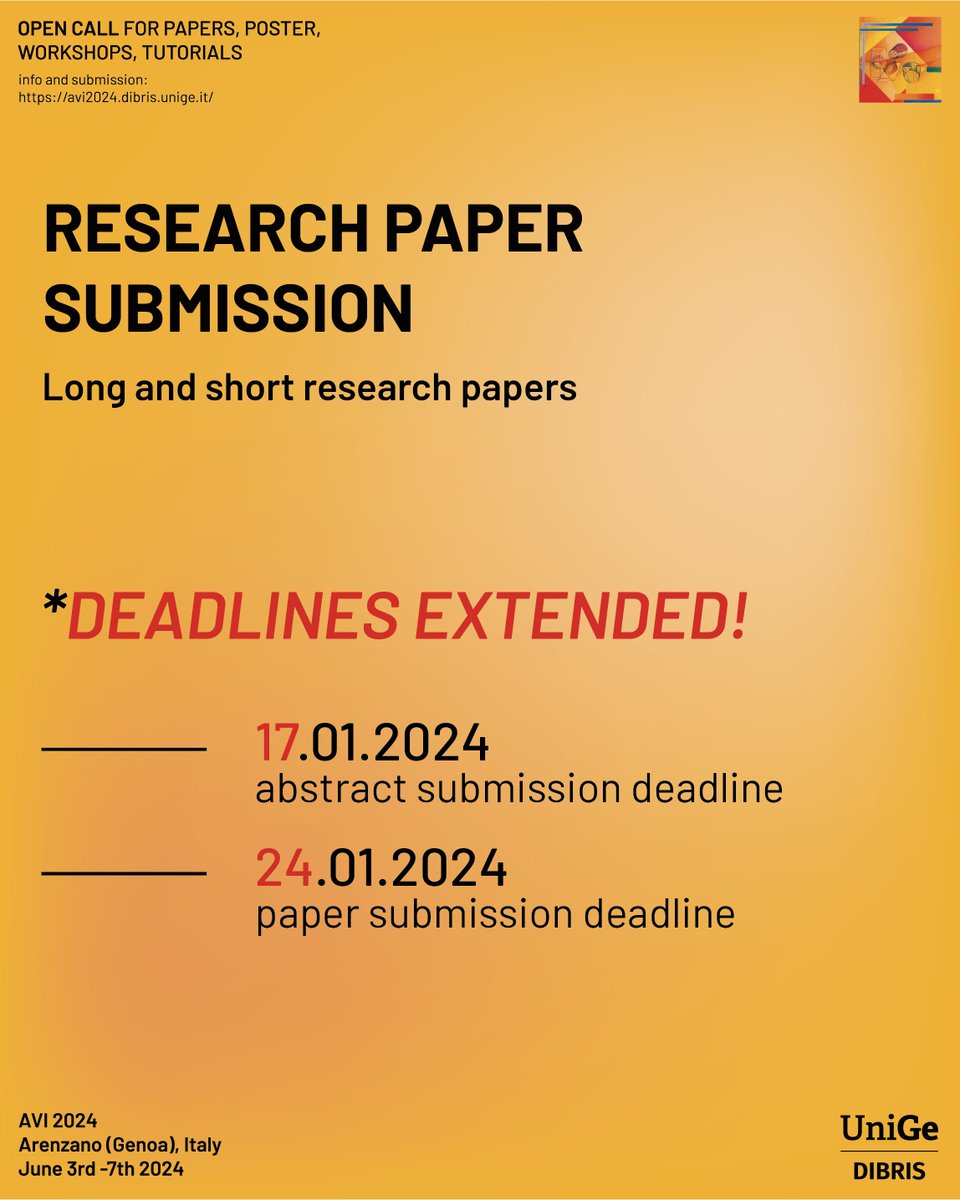 avi2024conf's tweet photo. Deadlines EXTENDED (23:59, AoE) for Long and Short #Papers:
⏰ Abstract submission: Wednesday, January 17, 2024
⏰ Paper submission: Wednesday, January 24, 2024
🔗 https://t.co/9cJ9TDYgVU
#aviconference #aviconference2024 #callforabstract #callforpaper #advanceduserinterfaces https://t.co/Kyhr4D6GUg