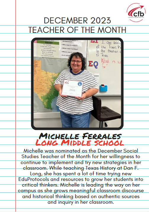 Soc_StudiesTX's tweet photo. Please join us in congratulating our December Teachers of the Month Michelle Ferrales and Zach Brown! We are so happy to have them be apart of our CFBISD Social Studies family and all they do for their departments 🥳and respective campuses
@NewmanSmithHS
@cfbLongFalcons
@CFBISD https://t.co/c5DeVzBL8l