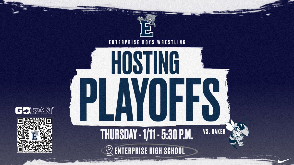 EpriseWrestling's tweet photo. Itโs official! Our boys are HOSTING our first ever Playoff Match this Thursday vs. Baker at 5:30! Tickets are available through GoFan with the QR Code or link listed below! We will see you there! | #OneLinkOneChain | #GoCats
๐๏ธ - https://t.co/awygWaR36X https://t.co/nBP0qlHFgz