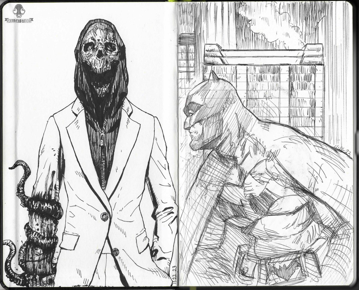 Skullcatstudios's tweet photo. Started making an effort to sketch more regularly last year. 
This year the goal is to sketch every day.

These two pages are done with
ball point pen, brush pen, pigment liners. https://t.co/xjDkSHmhzw