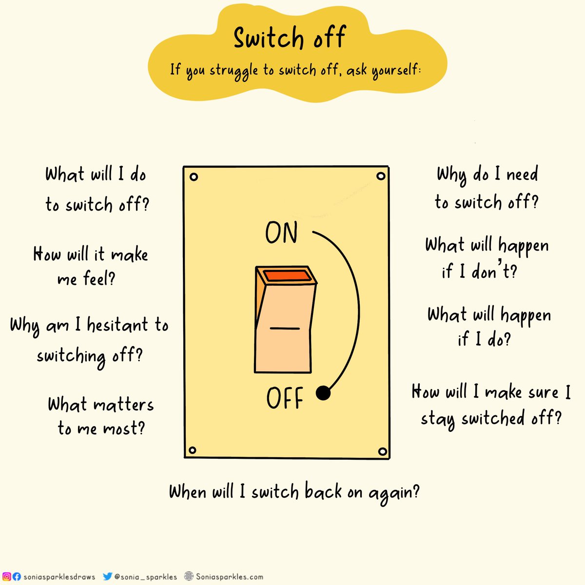 We really must train ourselves  to switch off from work, tasks, pressures. No one is going to make the time for us so we must make that time for ourselves…

…to do things that bring us joy, to be present, to relax, to let ourselves be looked after for a change…

Switch off 💡