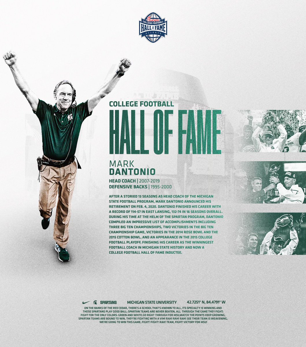 LEGEND CEMENTED! Mark Dantonio, @MSU_Football’s All-Time Winningest Coach, will be inducted into the @NFFNetwork's College Football Hall of Fame as a member of the Class of 2024. #GoGreen