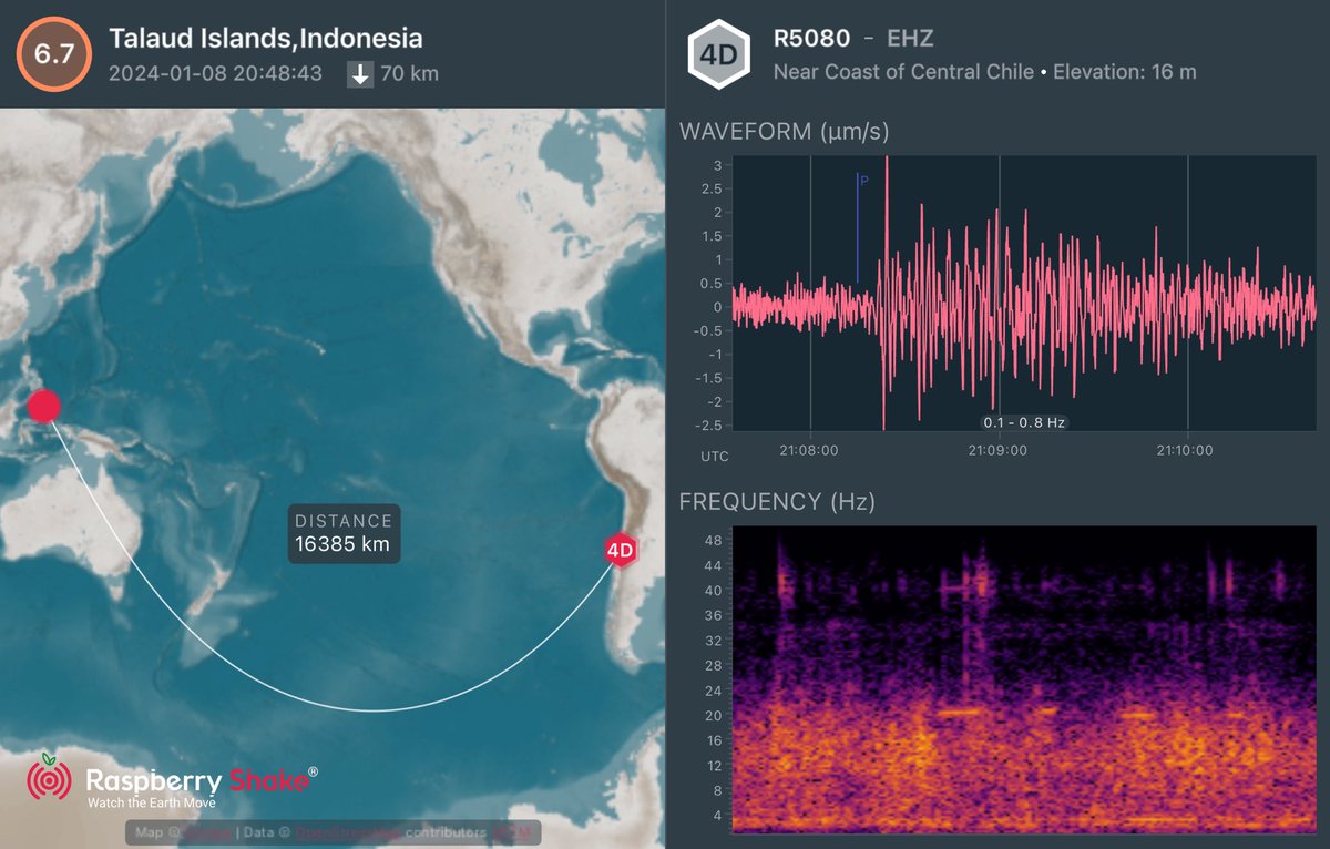 verdeptune's tweet image. #Sismo M6.7 en las Islas Talaud, Indonesia, registrado por mi estación AM.R5080 ubicada en Viña del Mar, Chile.
El #temblor ocurrió a las 17:48 hora de Chile de hoy 8 de enero del 2024, y las ondas P llegaron a las 18:08
@raspishake 
#ShakeNet #Earthquake