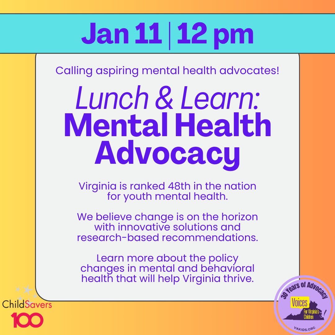 According to Mental Health America, VA is ranked 48th in the nation for youth mental health. We believe change is on the horizon! Join us and <a href="/ChildSaversRVA/">ChildSavers</a> to discuss policy changes in mental and behavioral health that will help VA thrive. Register: bit.ly/3tDk5US