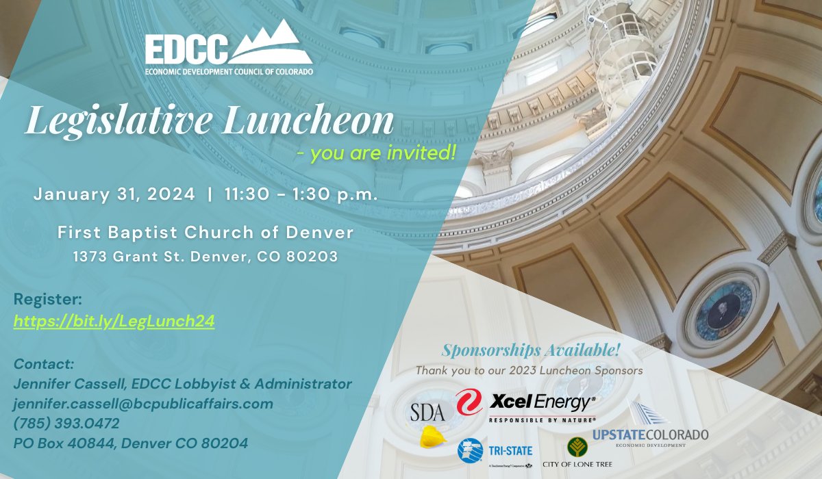 EDCofCO's tweet image. EDCC&apos;s Annual Legislative Luncheon &amp;amp; Day at the Capitol

REGISTER TODAY! hubs.la/Q02fHlq00 

This must-attend networking &amp;amp; educational event forges long-lasting connections btw #EcoDevo&apos;s &amp;amp; #CO legislators. It also informs on responsible/sustainable econ development.