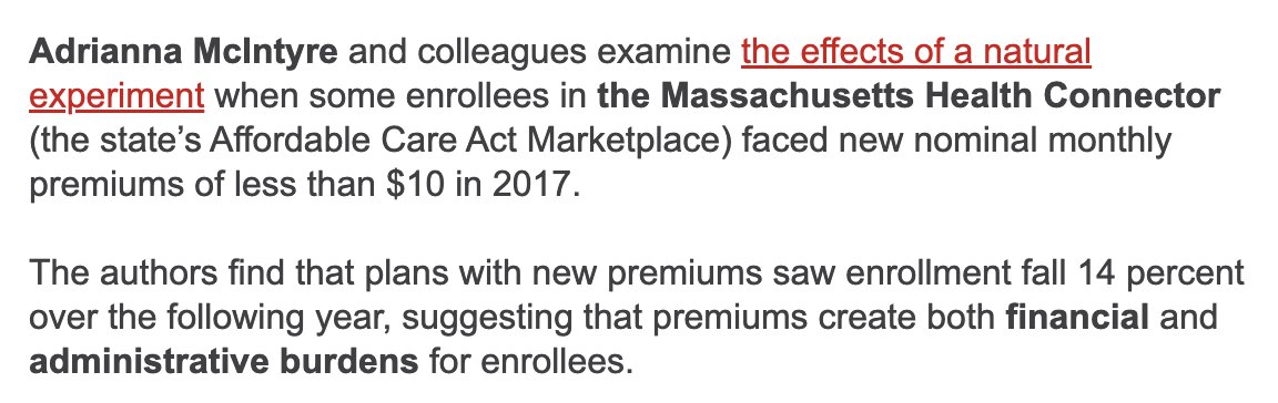 Very glad to (finally) see this dissertation chapter in print: When zero-premium marketplace plans switched to having small monthly premiums, attrition immediately ensued—even when the premiums were only $1. Will tweet more about the findings tomorrow! healthaffairs.org/doi/abs/10.137…
