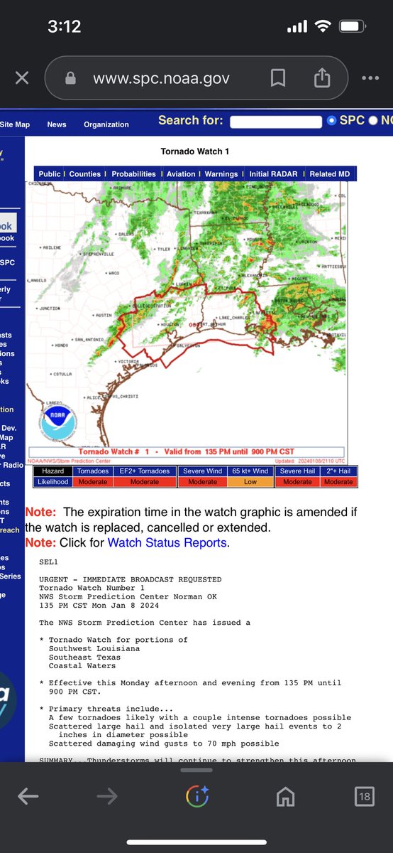 TexasHailer's tweet photo. Incase you guys haven’t found out already, there is a high probability of strong to severe storms today. There is already a tornado watch for portions of Southeast Texas and Southwestern Louisiana. For further information, keep up with your local NWS office or other WX Accounts. https://t.co/LYjUUYATAM