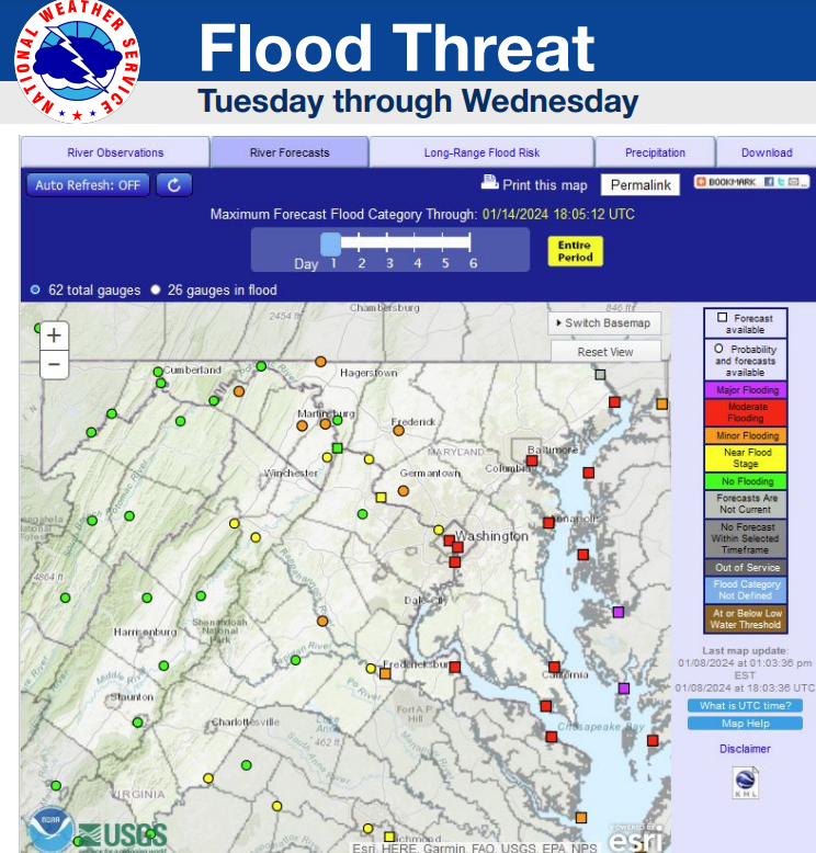 Receiving an updated brief from the @NWS regarding hazardous weather in Maryland Tue->Wed this week. Potential impacts statewide: (1) flooding along and around the Chesapeake Bay, (2) river, saturated ground flooding, and (3) gusty winds, which can cause power outages. #MDready