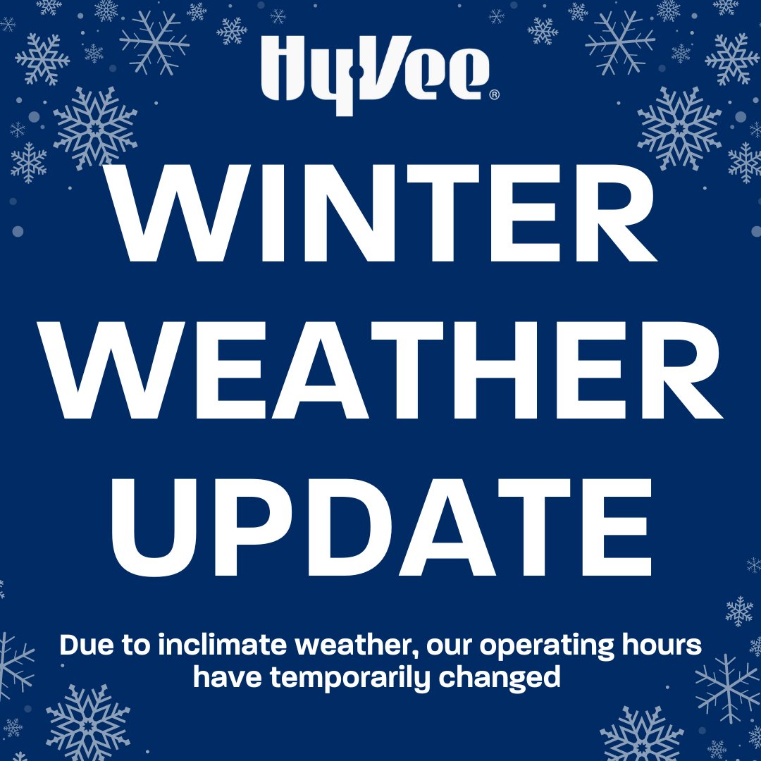 Your Peony Park Hy-Vee will be closing the following departments early tonight due to Weather:
- Floral and Bakery closing at 3pm
- Food Service and Deli closing at 6pm
- Meat and Seafood closing at 7pm 
We apologize for any inconvenience this may cause.