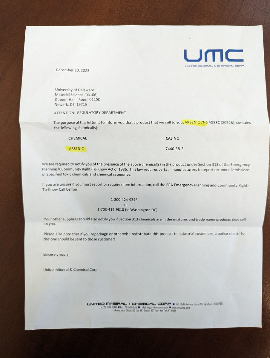 Very very pleased to know that our 99.99995% purity arsenic contains.... arsenic.

(Yes, I know- the letter is a legal requirement)