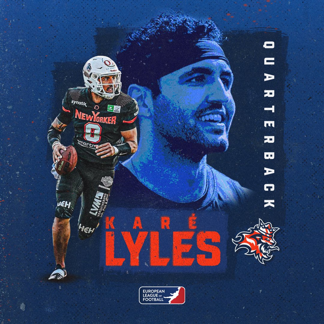 praguelions's tweet image. 🚨 QB1 ALERT 🚨 Meet Karé Lyles, our new QB for 2024! 🏈 Led The Braunschweig New Yorker Lions, tallying 23 passing TDs &amp;amp; 2 rushing, reaching GFL semis. His College career: 302/480 passes (62.5%), 4108 yards, 36 TDs. Ready to shine in Prague! #PragueLions #ELF2024 #QB1 🦁🏈