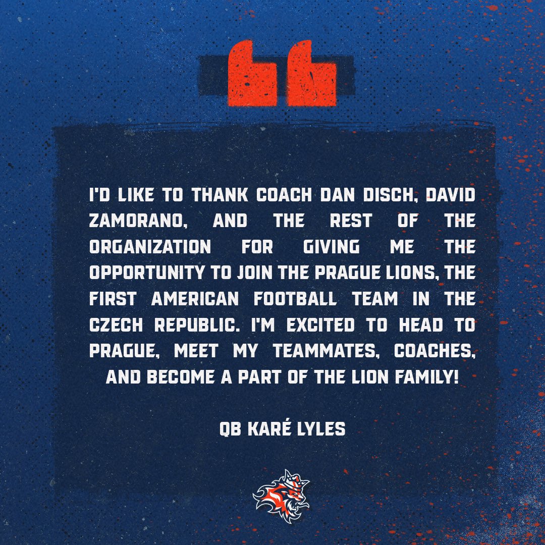 🚨 QB1 ALERT 🚨 Meet Karé Lyles, our new QB for 2024! 🏈 Led The Braunschweig New Yorker Lions, tallying 23 passing TDs & 2 rushing, reaching GFL semis. His College career: 302/480 passes (62.5%), 4108 yards, 36 TDs. Ready to shine in Prague! #PragueLions #ELF2024 #QB1 🦁🏈