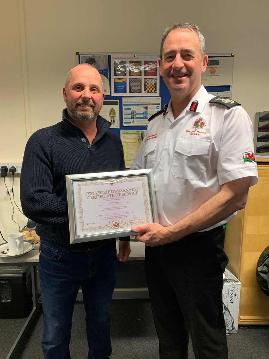 A big thank you to Ff Marcus James who retires from Builth Wells Fire Station after 22 years loyal service. Some great stories & a real character who will be sorely missed. Diolch o galon i ti / Many thanks for your commitment Marcus !