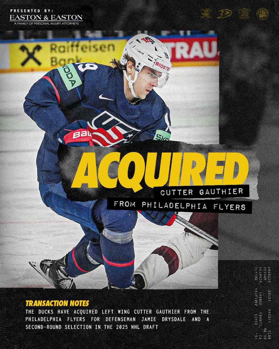 AnaheimDucks's tweet photo. TRADE: We have acquired left wing Cutter Gauthier from the Philadelphia Flyers in exchange for defenseman Jamie Drysdale and a second-round selection in the 2025 NHL Draft.

Details ➡️ https://t.co/xmxnFyqCxE https://t.co/ScvLaOVCBx