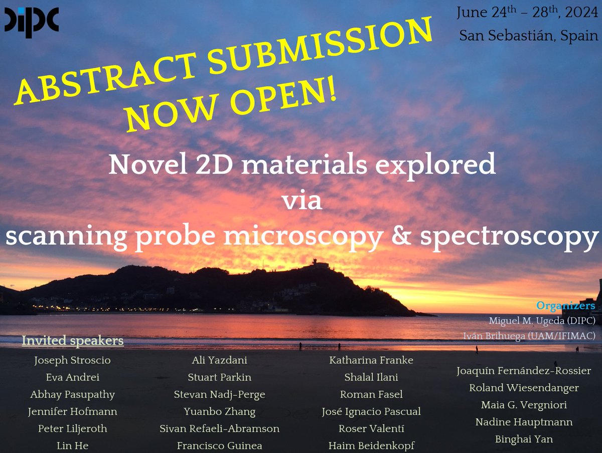 📢May I have your attention, please: The call for abstracts for the 2024 edition of the 2DSPM conference is NOW OPEN. 

Further details at 2dspm.dipc.org

See you soon in San Sebastián!
Organized by <a href="/DIPCehu/">DIPC</a> 
Sponsored by <a href="/ifimacuam/">IFIMAC - Condensed Matter Physics Center</a>