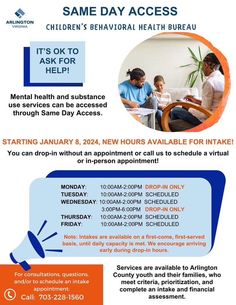 APS Office of Student Services (@aps_studentsrvc) on Twitter photo Arlington County Children’s Behavioral Health has updated their hours for to increase access to Same Day Access! Feel free to drop-in or call us at (703) 228-1560, to schedule an appointment or for more information! <a href="/ArlingtonVA/">Arlington County</a> <a href="/APSVirginia/">Arlington Public Schools</a> #mentalhealth Arlington County Children’s Behavioral Health has updated their hours for to increase access to Same Day Access! Feel free to drop-in or call us at (703) 228-1560, to schedule an appointment or for more information! <a href="/ArlingtonVA/">Arlington County</a> <a href="/APSVirginia/">Arlington Public Schools</a> #mentalhealth