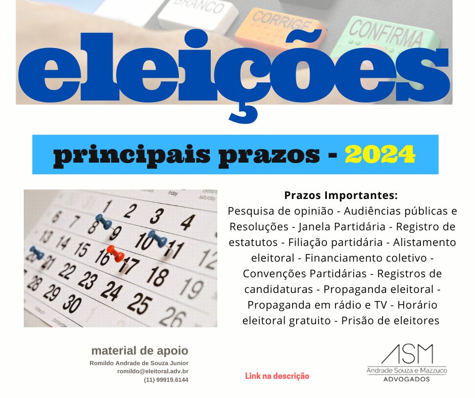 (TSE - 3.1.24)
As eleições municipais de 2024 serão realizadas no dia 6 de outubro. Eventual segundo turno deve ocorrer no último domingo do mês (dia 27), nas cidades com mais de 200 mil eleitores. 
Atenção Para os Prazos-reportagem na íntegra: 
bit.ly/3S7sglF