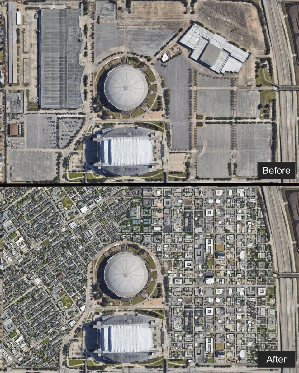 The College Football national championship is taking place at NRG Stadium in Houston tonight. Imagine if there was a walkable neighborhood and mixed-use district surrounding the stadiums instead of a parking wasteland.