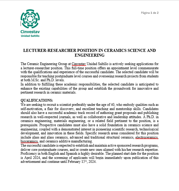Cinves_Saltillo's tweet photo. El Cinvestav Unidad Saltillo, convoca a todos los interesados en participar por vacante de investigador en el área de Ingeniería Cerámica. https://t.co/HxabFkz84R