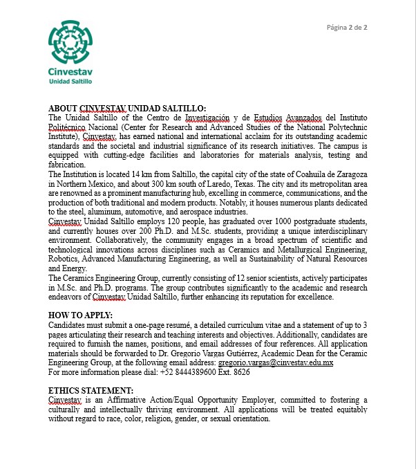 Cinves_Saltillo's tweet photo. El Cinvestav Unidad Saltillo, convoca a todos los interesados en participar por vacante de investigador en el área de Ingeniería Cerámica. https://t.co/HxabFkz84R