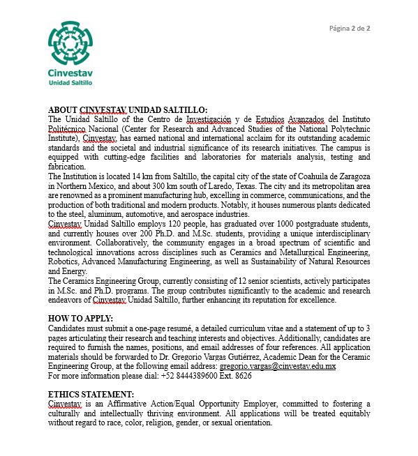 El Cinvestav Unidad Saltillo, convoca a todos los interesados en participar por vacante de investigador en el área de Ingeniería Cerámica.