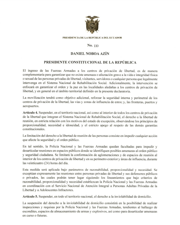 ecuainm_oficial's tweet photo. ‼️#URGENTE
Mediante Decreto 110, el Presidente Noboa declara Estado de Excepción, en todo el territorio nacional, por grave conmoción interna, incluidas todas las cárceles del país. https://t.co/tn1TjCp39E
