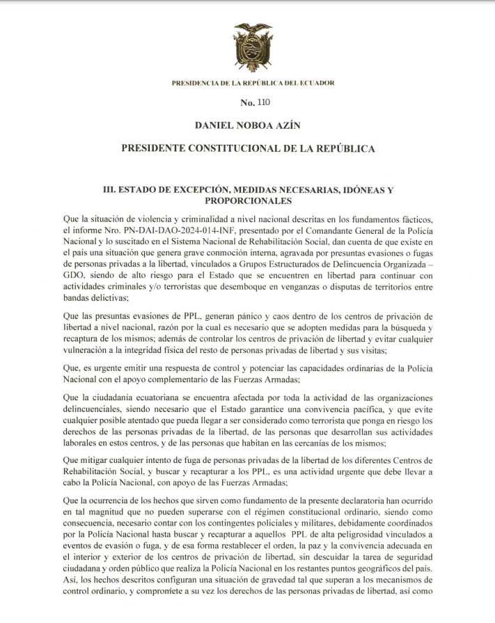 ecuainm_oficial's tweet photo. ‼️#URGENTE
Mediante Decreto 110, el Presidente Noboa declara Estado de Excepción, en todo el territorio nacional, por grave conmoción interna, incluidas todas las cárceles del país. https://t.co/tn1TjCp39E