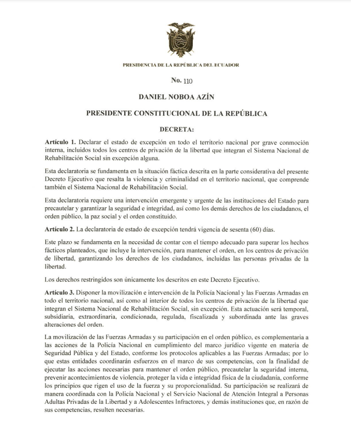 ecuainm_oficial's tweet photo. ‼️#URGENTE
Mediante Decreto 110, el Presidente Noboa declara Estado de Excepción, en todo el territorio nacional, por grave conmoción interna, incluidas todas las cárceles del país. https://t.co/tn1TjCp39E