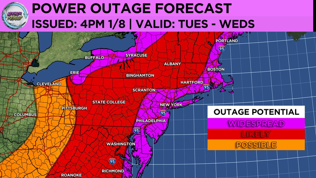 wxreboot's tweet photo. Our team remains concerned about the potential for strong wind gusts, reaching up to 50 - 60+ mph, along the Mid Atlantic and Northeast coastlines, as well as around the Great Lakes region. In light of this, we have decided to issue a power outage forecast graphic, which is attached below. The combination of melting snowpack, heavy rainfall, and high winds is a recipe for a significant weather related power outage event.

- WxReboot Team
