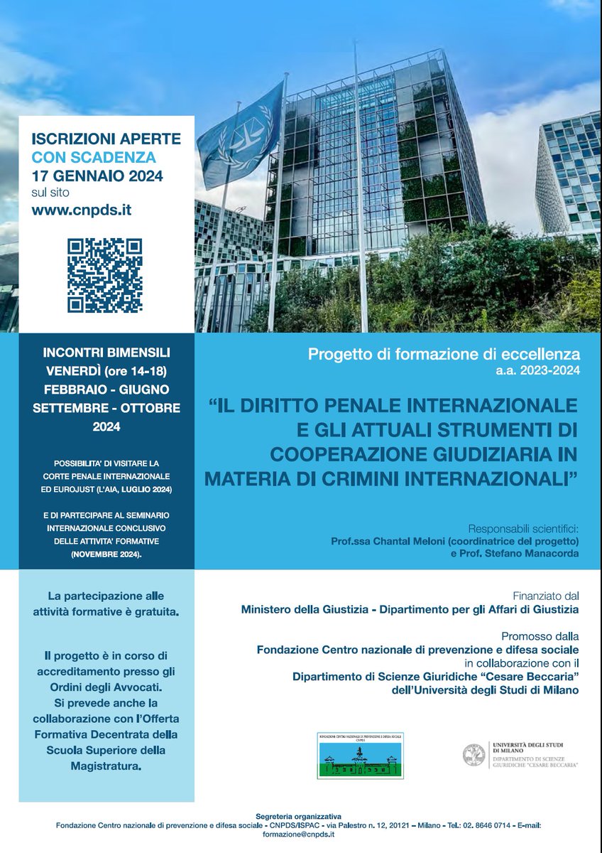 DSGBeccaria's tweet photo. ⛳️Sono aperte le #iscrizioni con SCADENZA 17 GENNAIO 2024 al  progetto di formazione di eccellenza “Il #dirittopenale internazionale e gli attuali strumenti di cooperazione giudiziaria in materia di crimini internazionali' @LaStatale ⏳🖊️Per iscriverti https://t.co/L8rlClbzIr https://t.co/ZwHlofMsuB