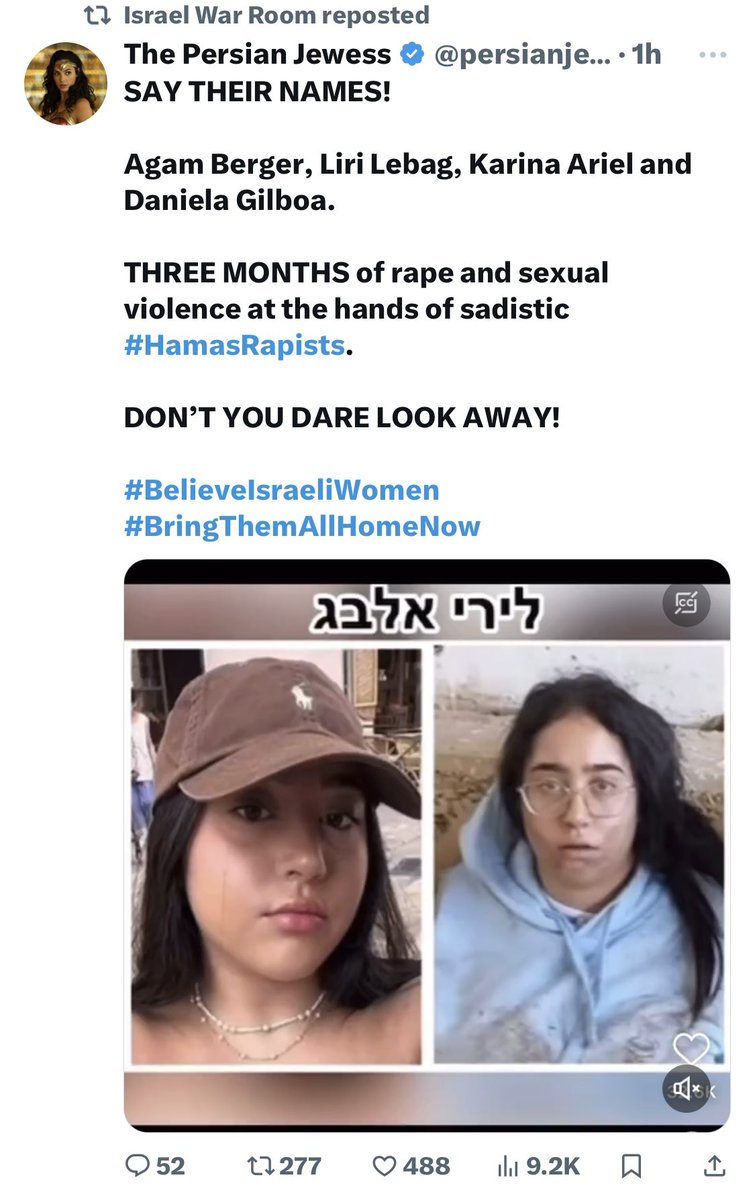 JulieBarnhill's tweet photo. @mishtal FIGHT AND SPEAK FOR THESE WOMEN. Until then, sit down and be silent—as you’ve been with the hostages and rape victims since October 7th. https://t.co/CyX5GMHTZy