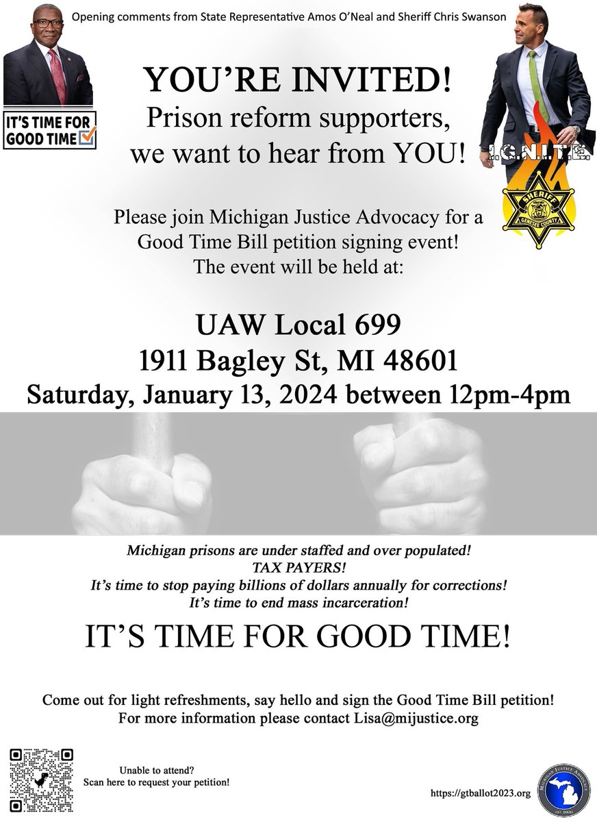 Come join us on Saturday January 13th Between 12-4 pm, Sagianw Michigan for information on the <a href="/MIJustadvocacy/">MIJusticeAdvocacyOrg</a>  goodtime support with <a href="/AmosONeal1/">Amos O'Neal</a>  <a href="/GovWhitmer/">Governor Gretchen Whitmer</a> <a href="/LtGovGilchrist/">Lieutenant Governor Garlin Gilchrist II</a> <a href="/FAMMFoundation/">FAMM Foundation</a> <a href="/Buriedbhindbars/">#PassSecondLook</a> <a href="/GoodTimeMI22/">Good Time Initiative MI</a> <a href="/MIGoodTime2023/">Bring Back Good Time In Michigan</a> <a href="/DetroitBLM/">BLMDetroit</a> @BLMMichigan @RitaMscj