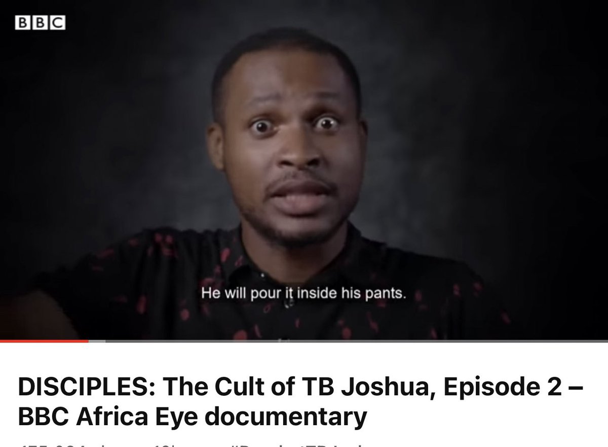 Princeujay's tweet photo. After watching the whole BBC video clips on TB Joshua, one can see a poorly organized scam documentary 

This one said TB Joshua would pour honey in his pants yet for once people never saw his pants soaked.
Even if he had to do that, why must he do it in their presence?
  2) they had to follow TB Joshua to the toilet when he wants to poo to make sure his pants doesn’t touch the floor 🤨
Even a cow needs privacy.