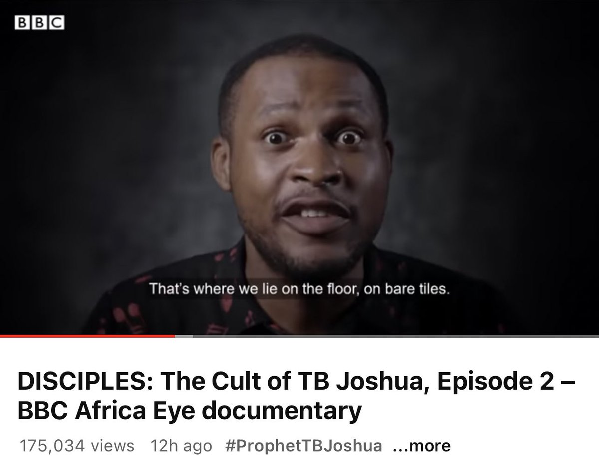 Princeujay's tweet photo. After watching the whole BBC video clips on TB Joshua, one can see a poorly organized scam documentary 

This one said TB Joshua would pour honey in his pants yet for once people never saw his pants soaked.
Even if he had to do that, why must he do it in their presence?
  2) they had to follow TB Joshua to the toilet when he wants to poo to make sure his pants doesn’t touch the floor 🤨
Even a cow needs privacy.