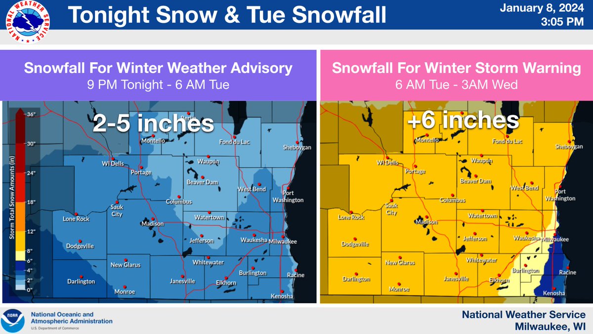 Winter storm continues on track for southern WI with snow beginning this evening, but the majority of the accumulations and impacts are expected on Tue. #wiwx